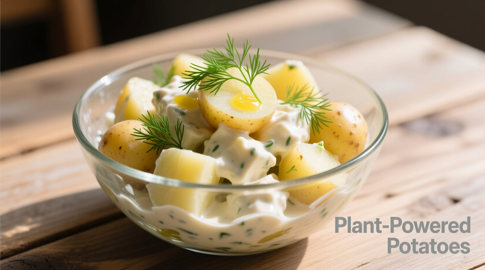Creamy egg-free potato salad in glass bowl with fresh dill garnish
