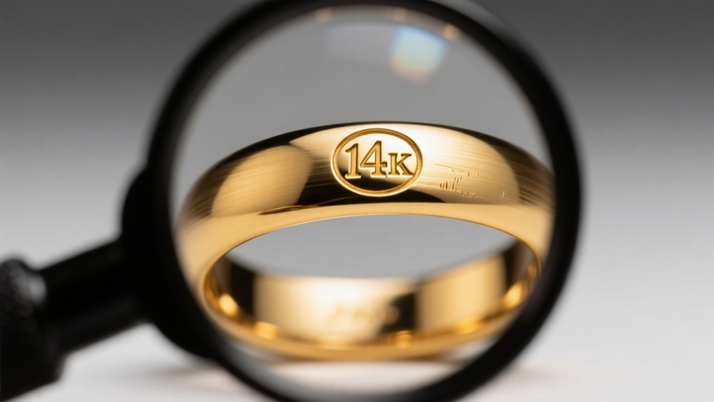Macro shot of a jeweler loupe inspecting a 14K hallmark stamped inside a yellow gold wedding band under soft studio lighting.