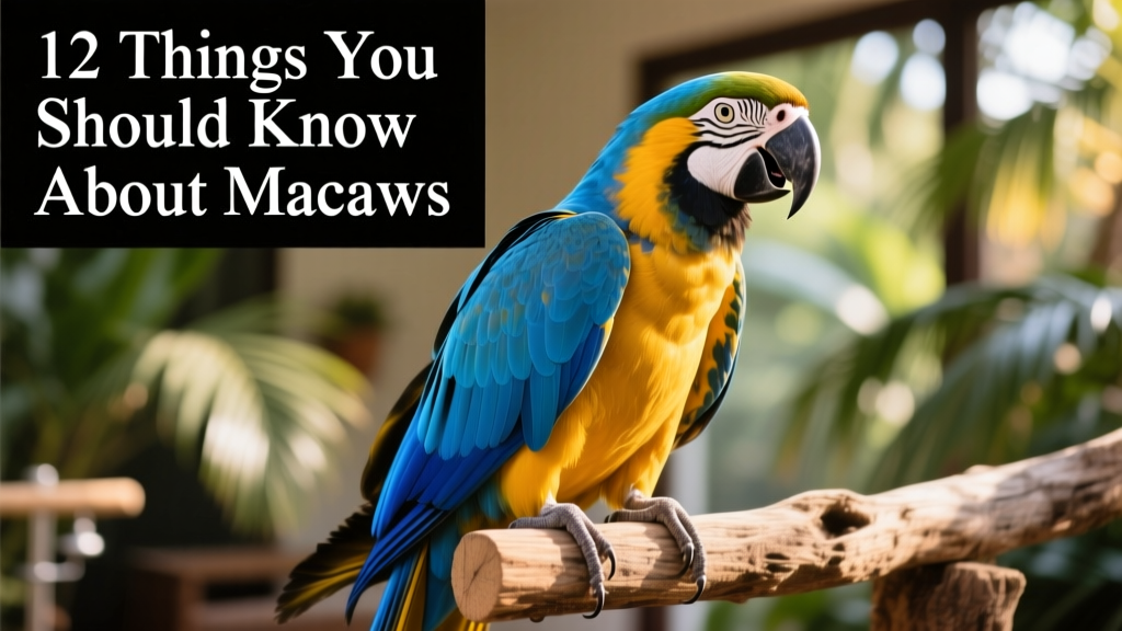 A vibrant blue-and-gold macaw perched confidently on a natural wood perch, head tilted curiously