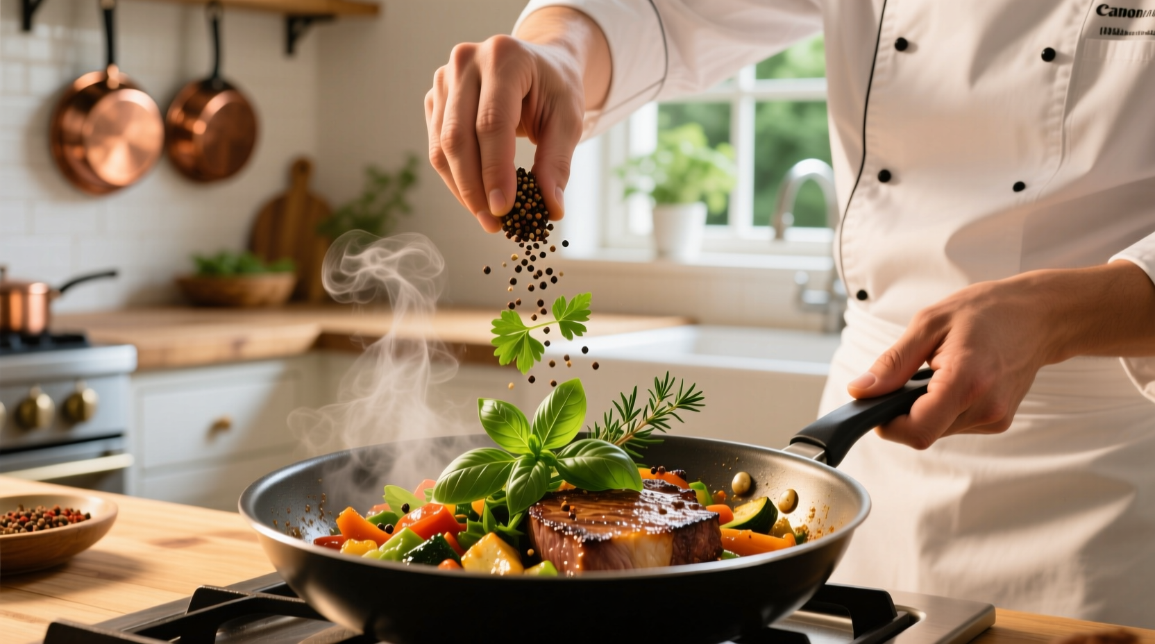 Chef seasoning savory dish with fresh herbs and spices