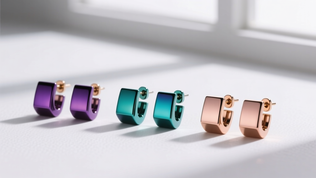 Minimalist flat lay of three pairs of hypoallergenic niobium ear earrings in anodized deep purple, teal, and rose gold colors.