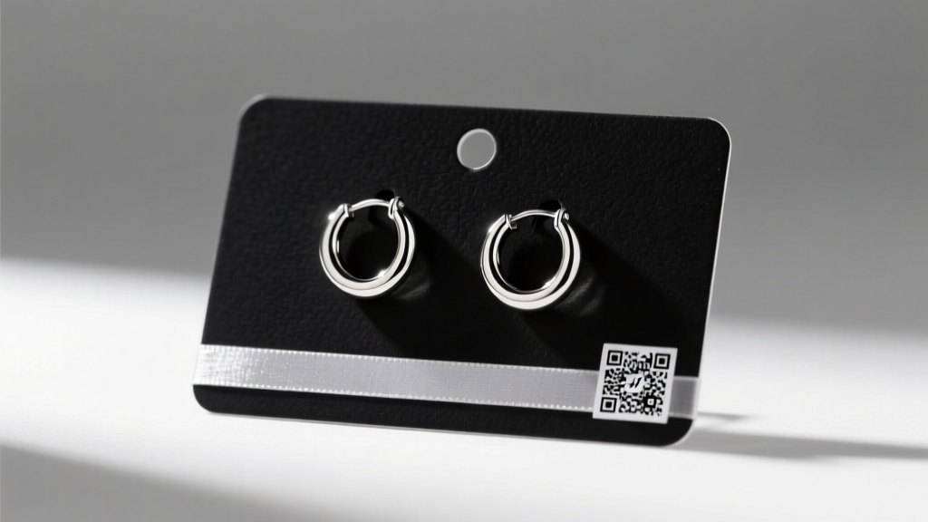 Finished custom jewelry packaging featuring a matte black earring card with silver hoops, a QR code, and an anti-tarnish strip