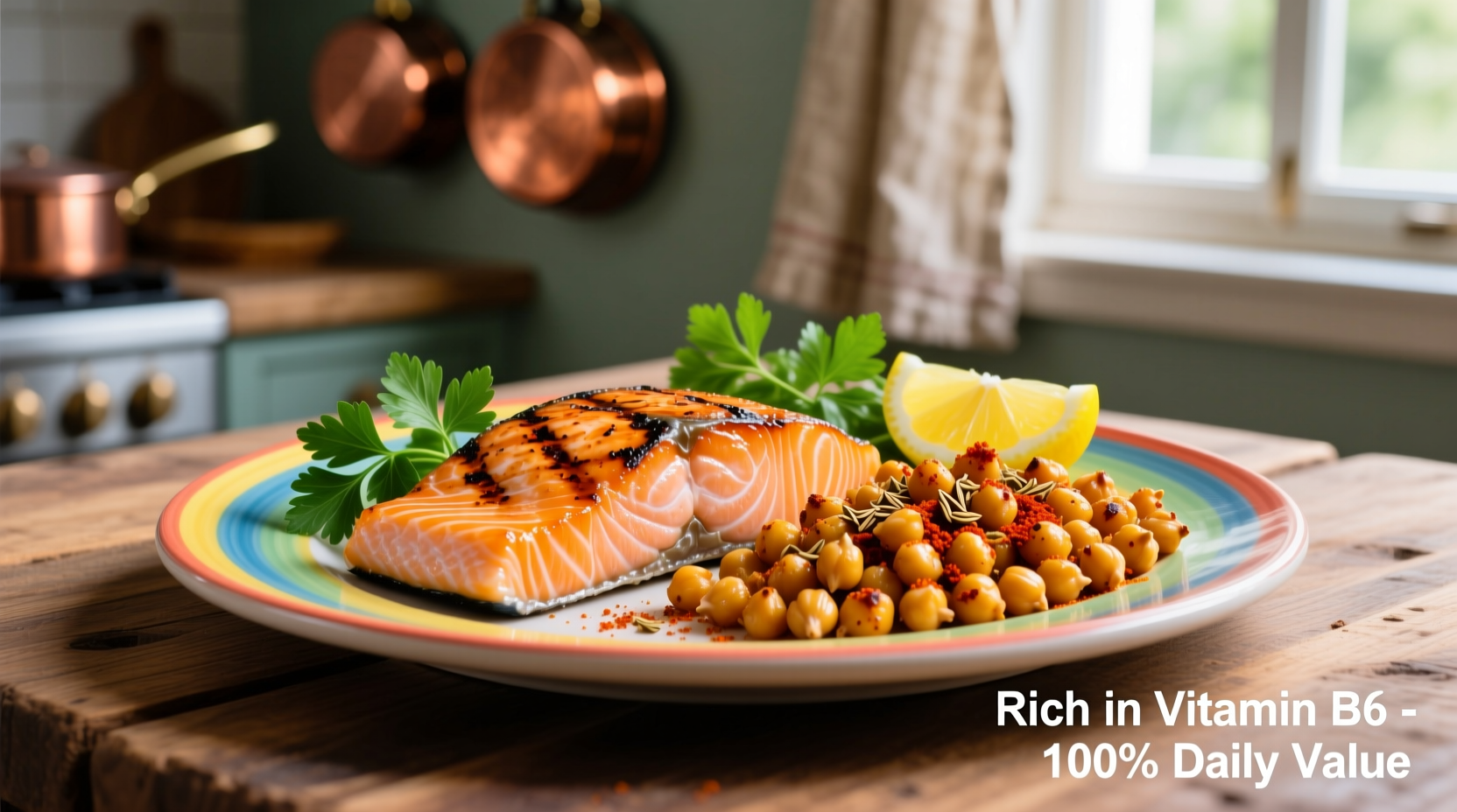Colorful plate of vitamin B6 rich foods including chickpeas and salmon