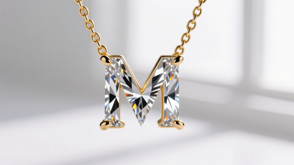 Macro shot of a brilliant-cut diamond letter M pendant on a 1mm gold rolo chain, highlighting the prong setting and facets.