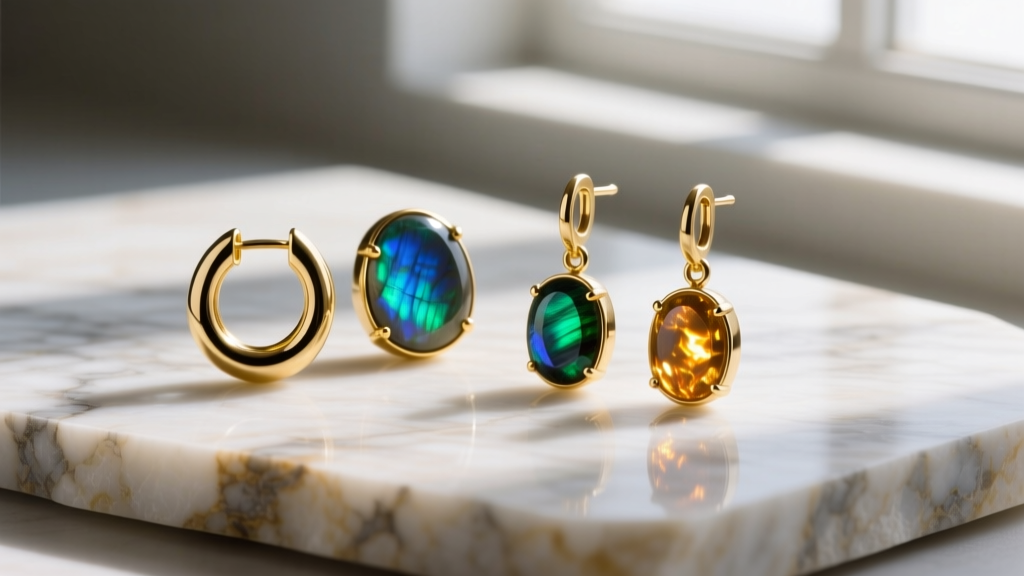 Flat lay of labradorite earrings in gold settings, including huggies and dangles, arranged on a textured travertine stone surface.
