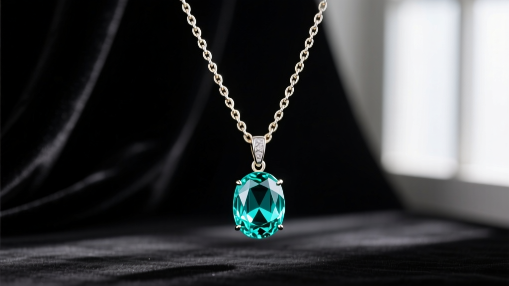 Delicate 18-inch white gold box chain threaded through a vintage cinematic aquamarine pendant displayed elegantly on dark velvet.