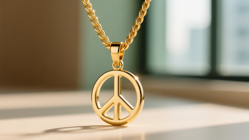 Macro shot of a 2mm 14k yellow gold rope chain threading through a polished peace sign pendant bail against a blurred backdrop.