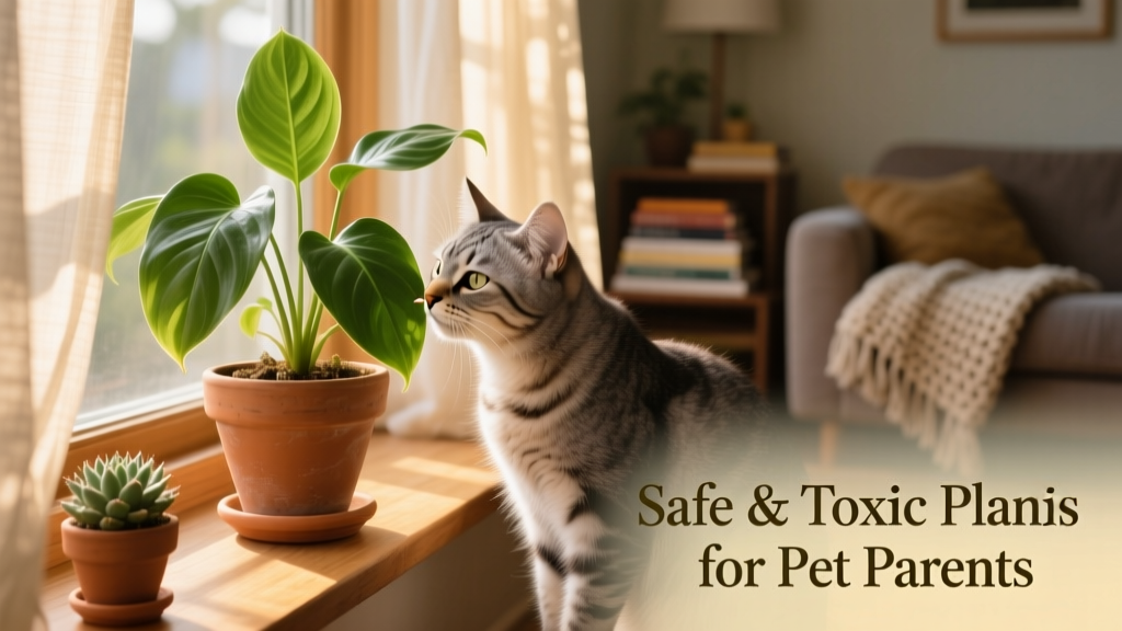 A cat gently sniffing a potted plant on a sunny windowsill