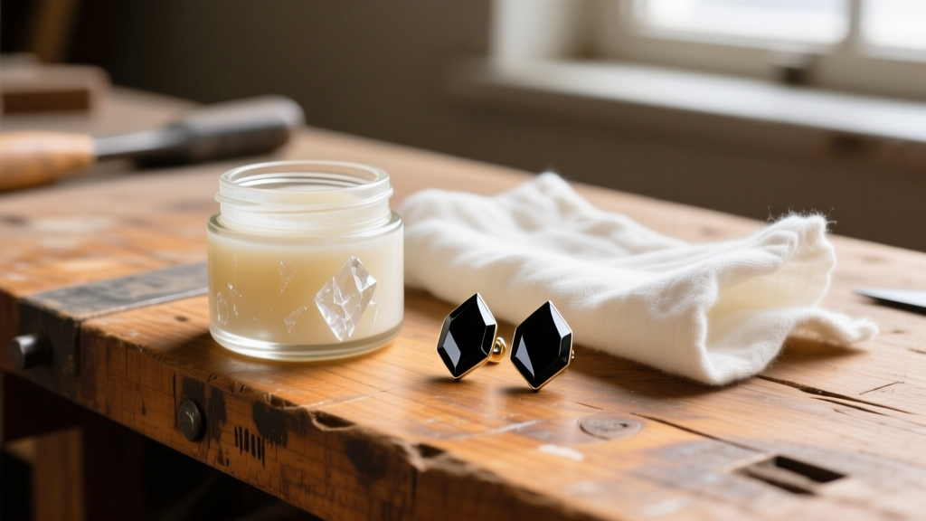 Jar of museum-grade microcrystalline wax and soft cloth next to polished jet stud earrings resting on a rustic wooden workbench