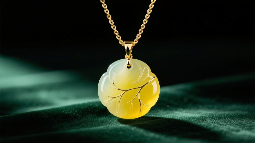 Translucent lemon-yellow jadeite pendant on an 18k gold rope chain resting on dark green velvet with soft directional lighting