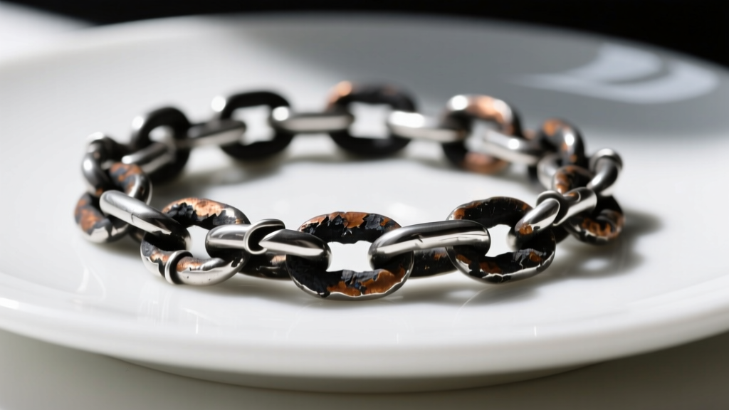 Close-up of a tarnished 925 sterling silver chain on a white ceramic plate, highlighting dark copper sulfide oxidation layers.