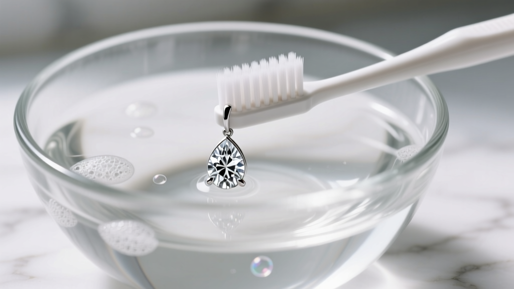 Soft-bristled toothbrush gently cleaning a platinum diamond drop earring in a glass bowl of warm distilled water and mild soap.