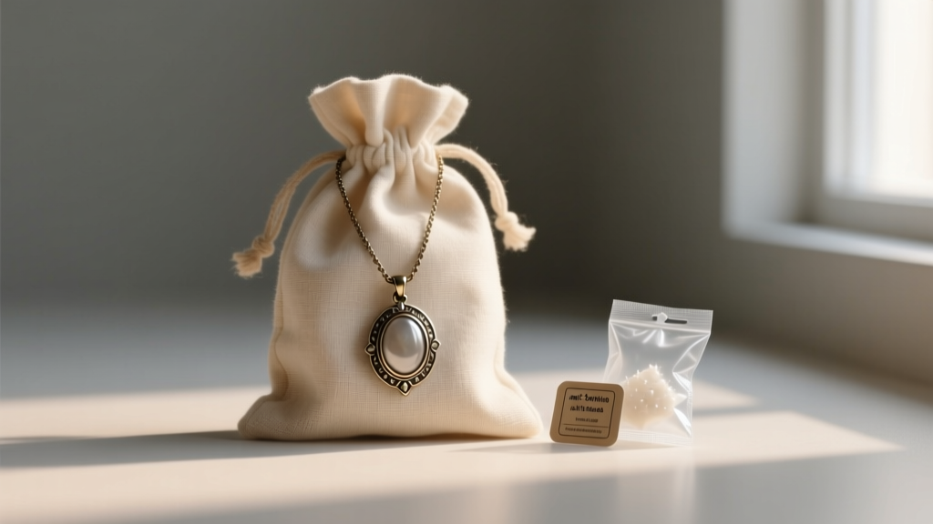 Vintage pendant necklace stored inside an unbleached cotton pouch alongside a small anti-tarnish strip and a silica gel packet.