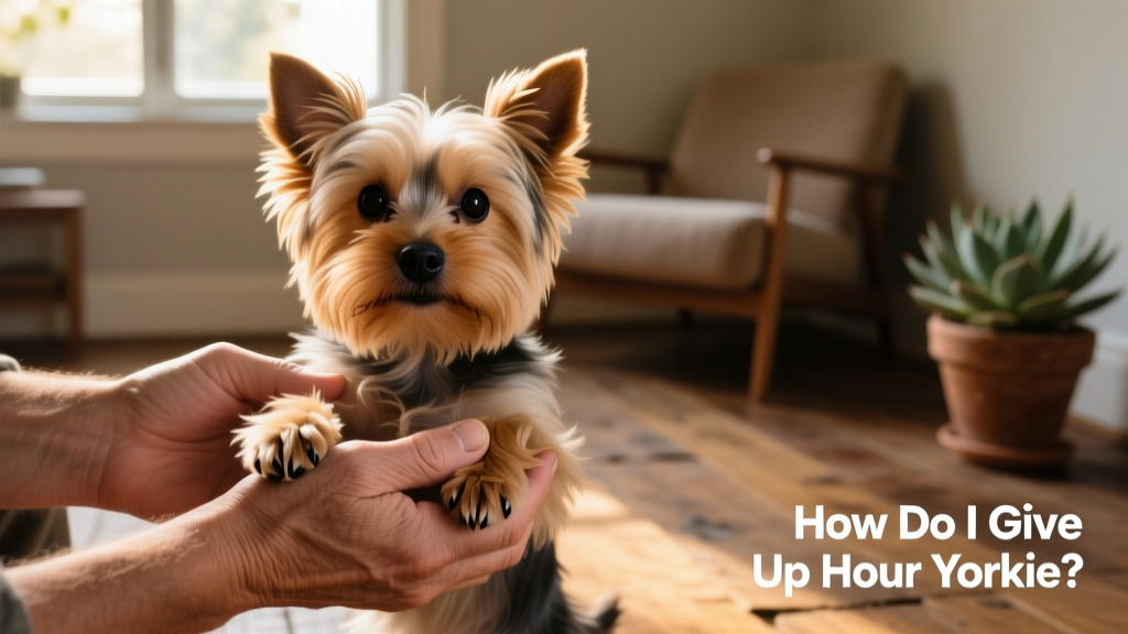 Two hands gently holding a Yorkie’s paws during a calm, supervised meet-and-greet