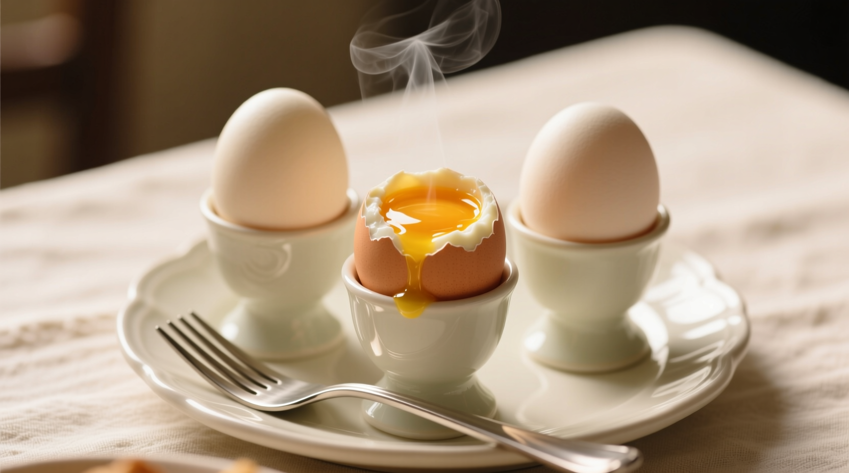 Perfect soft boiled eggs in egg cups with runny yolks