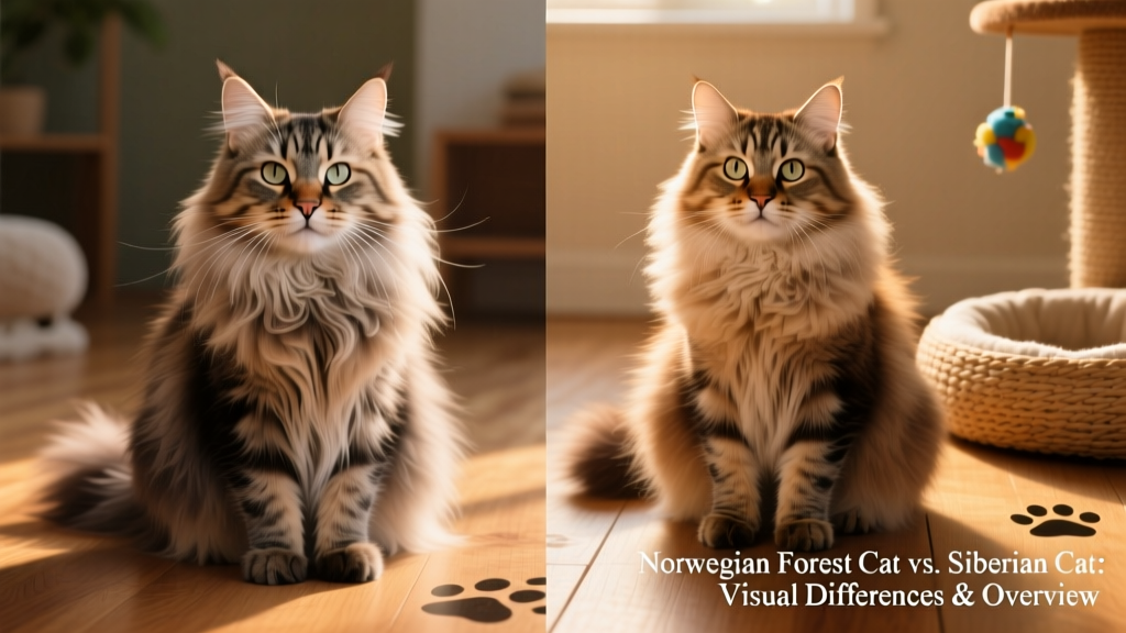 Side-by-side comparison of a Norwegian Forest Cat and a Siberian Cat showing differences in facial structure and coat texture