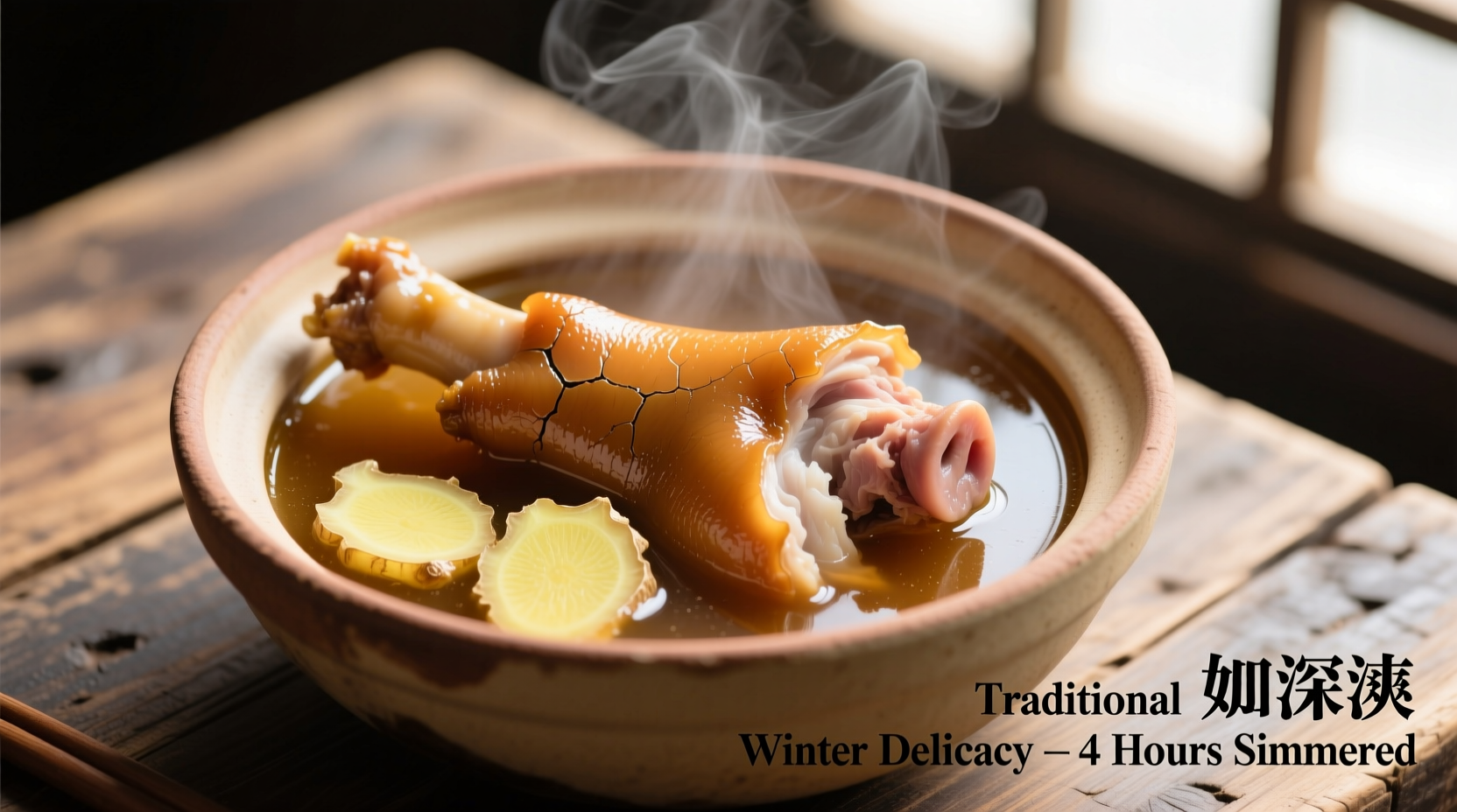 Perfectly cooked pig's feet in broth with ginger