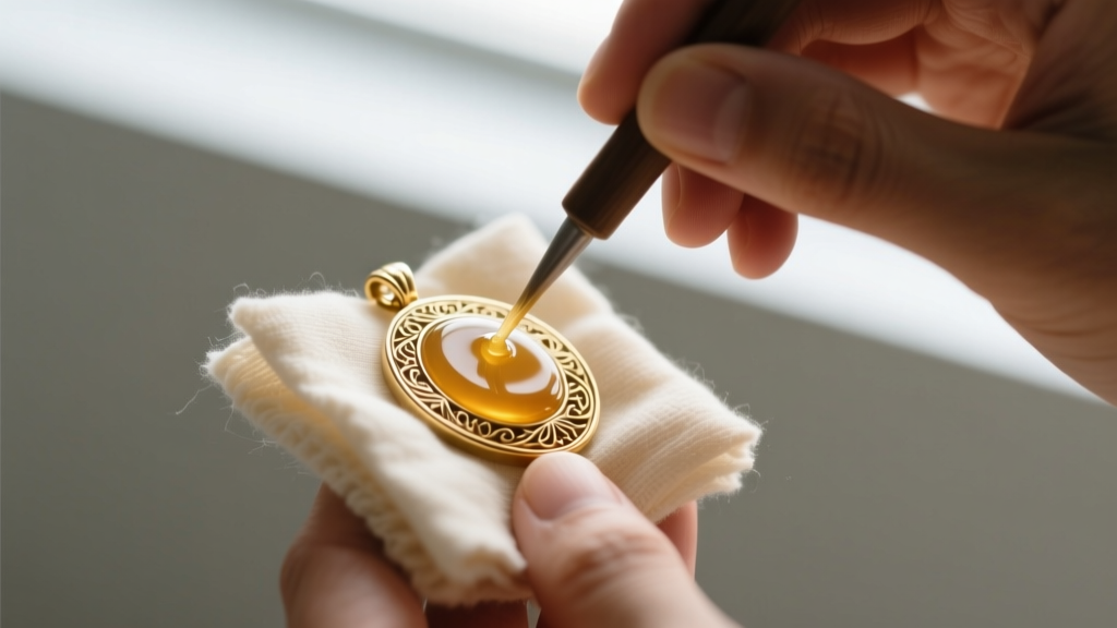 Hands applying a thin layer of microcrystalline wax to a brass pendant with a soft cotton cloth to prevent oxidation and tarnish
