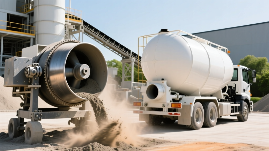 Technical comparison of a rotating drum concrete transit mixer and a cylindrical pneumatic bulk cement trailer at a batch plant