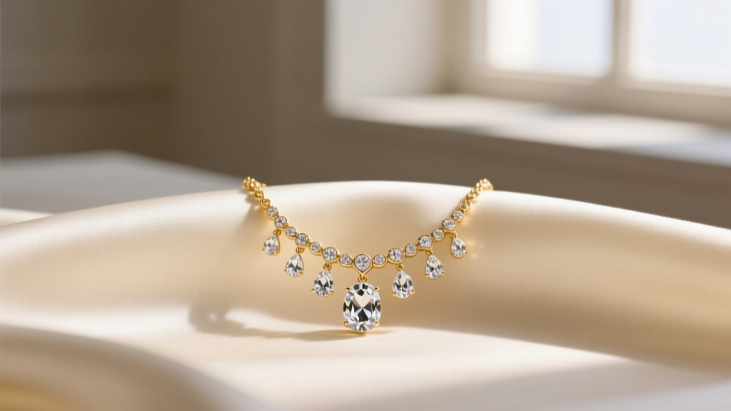 Gold-tone Premier Designs Avery necklace with crystal pendants resting on cream silk fabric under soft natural window light