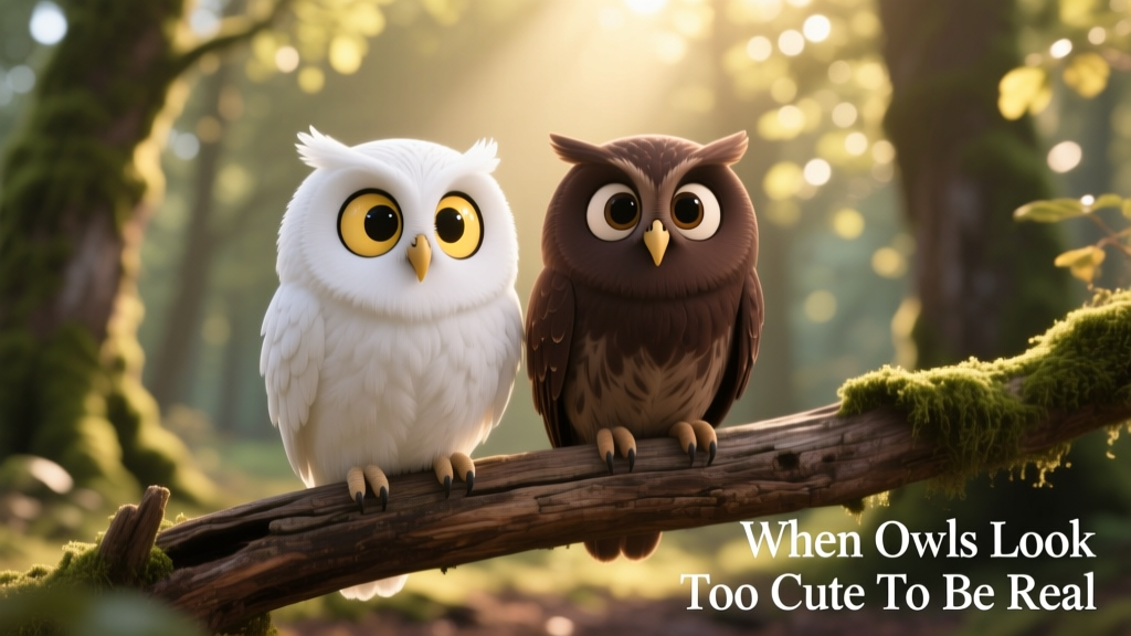Two owls perched side by side—one snowy white with round, expressive eyes, the other dark brown with similarly wide-eyed charm
