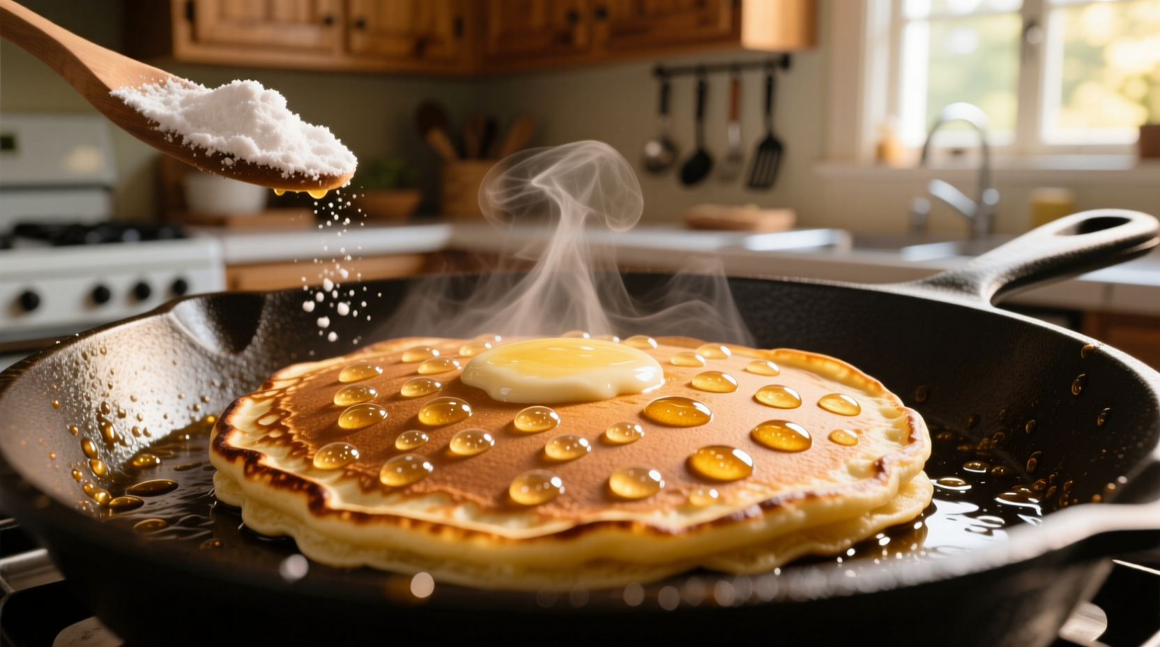 Perfect golden pancakes with bubbles on cooking surface