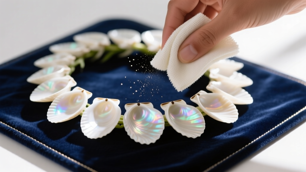 Hands gently wiping a delicate white laiki shell Niihau lei with a dry microfiber cloth over a soft velvet jewelry cleaning mat.