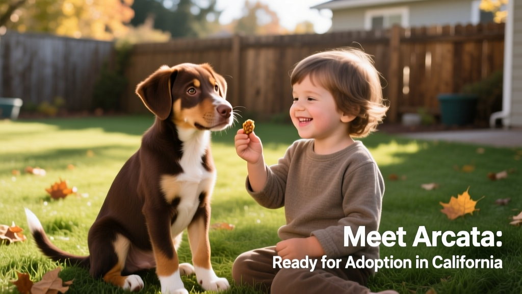 Arcata, a sleek brown-and-cream puppy, sitting attentively beside a child holding a treat, both smiling
