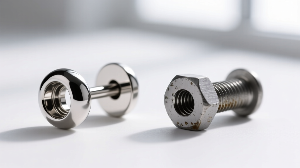 Macro view comparing the smooth shaft of a titanium helix earring post against a sharp, cheap externally threaded steel post.