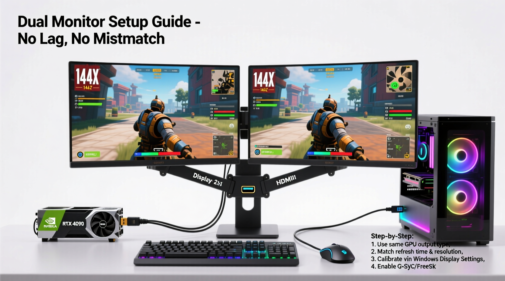 how to set up dual monitors for gaming without lag or display mismatch issues