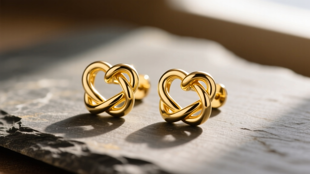 Close-up of 14k yellow gold love knot studs on slate, showing overlapping wire loops and a bright, polished finish.