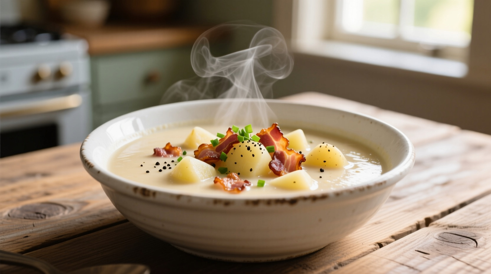 Creamy potato and bacon soup in white bowl
