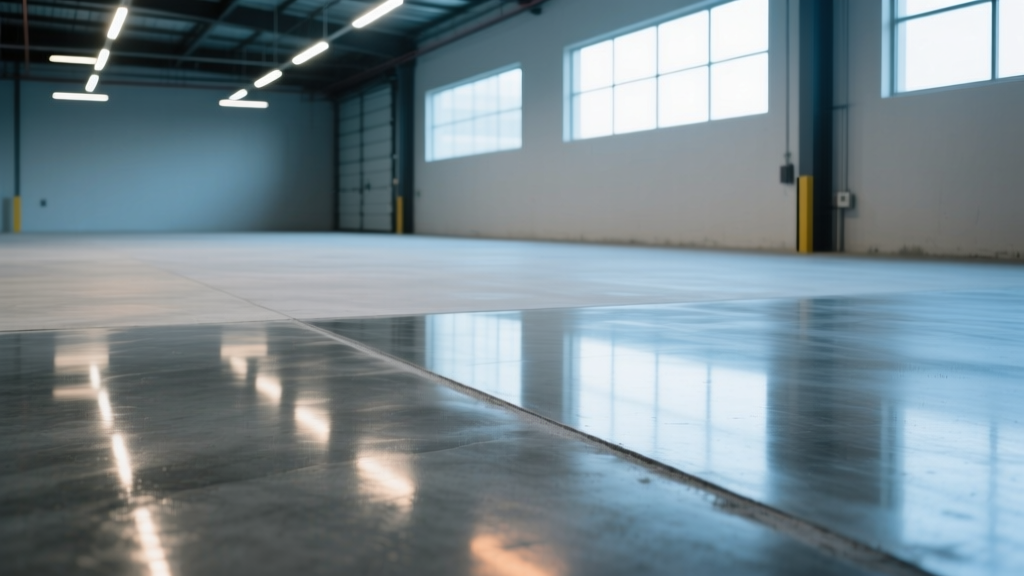 Close-up of a commercial concrete floor showing a high-gloss polished finish reflecting overhead LED warehouse lighting next to a matte sealed section