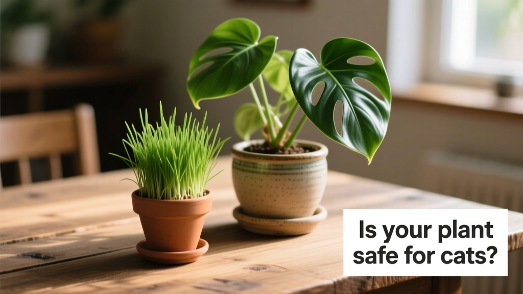 Small pot of fresh cat grass next to a ceramic planter holding a philodendron, showing safe alternative placement