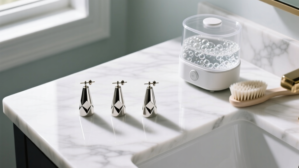 Top-down view of three earring post gauges next to an ultrasonic cleaner and soft bristle brush on a white marble bathroom counter