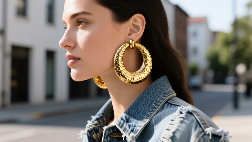 Side profile of a model wearing heavy hammered vintage 14k gold hoop earrings, showing the textured metal finish against denim.