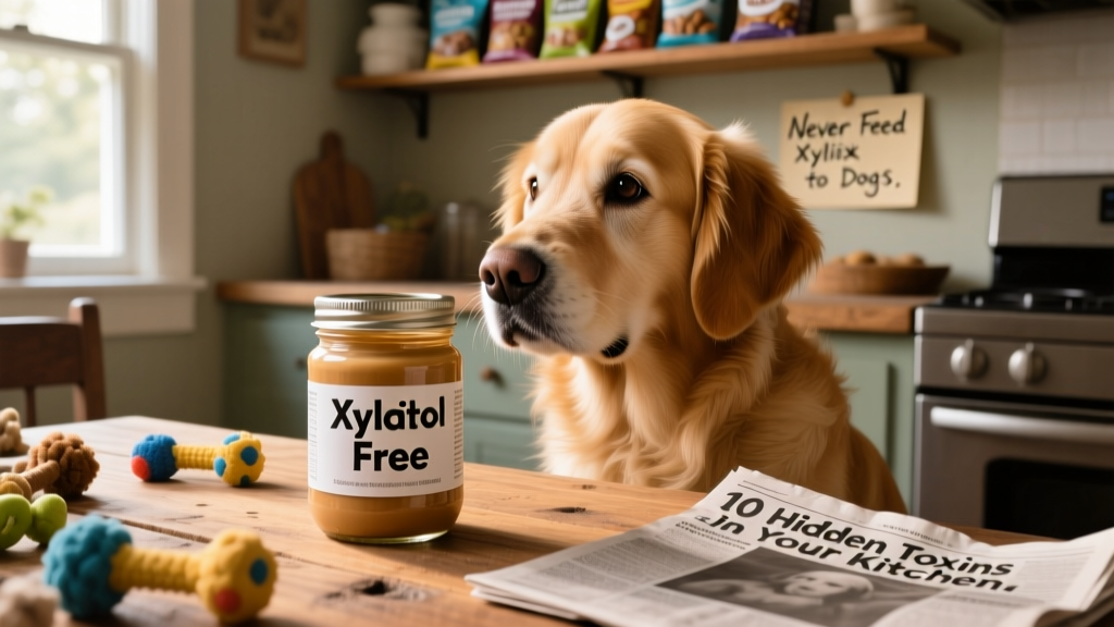 Dog looking curiously at a jar of peanut butter labeled 'xylitol-free' — highlighting a common source of hidden xylitol