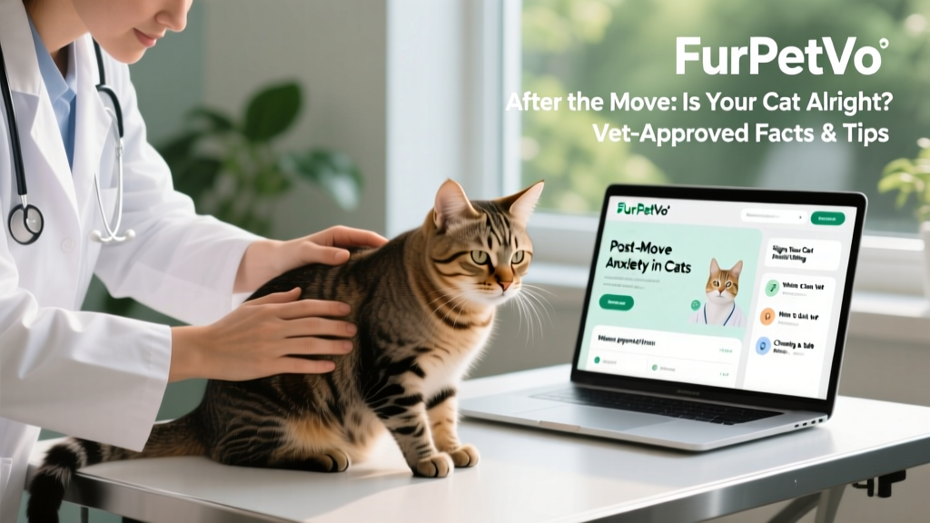 A veterinarian gently examining a relaxed cat on an exam table, with a laptop showing FurPetVo’s TeleVet interface in the background