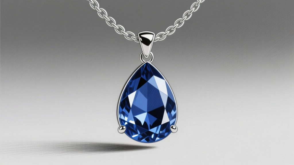 Detailed pencil rendering of a teardrop sapphire pendant hanging from a delicate cable chain, showing sharp specular highlights.