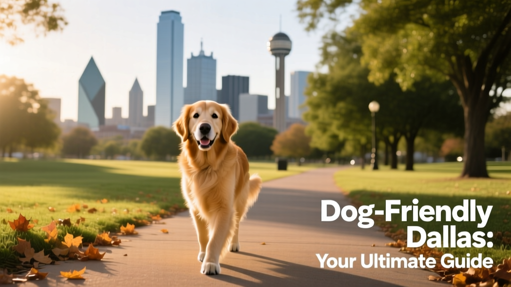 a Golden Retriever walking in a park with the Dallas skyline behind it