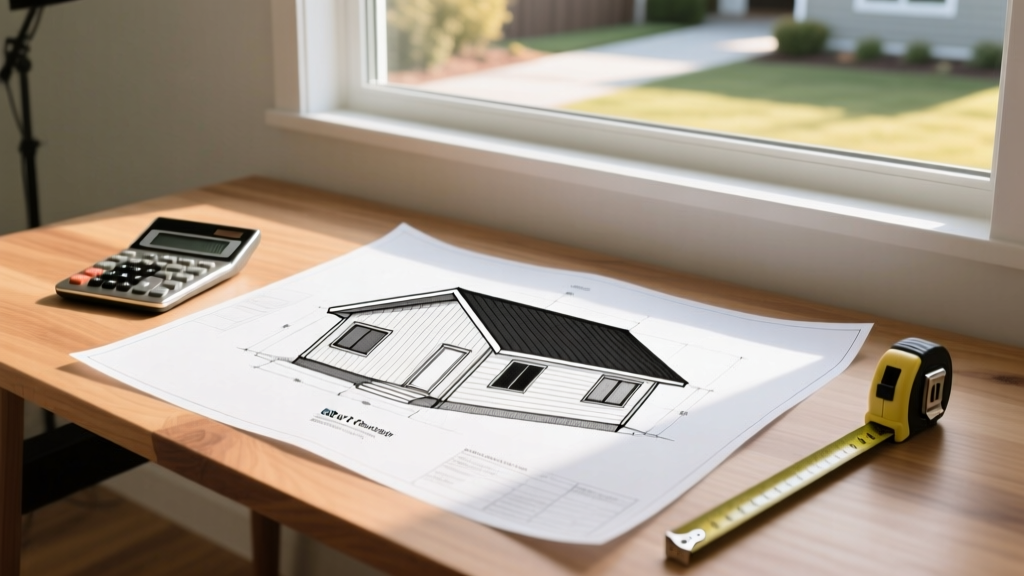 Blueprint of a 600 sq ft detached accessory dwelling unit with a modern shed roof on a wooden desk next to a calculator and tape measure