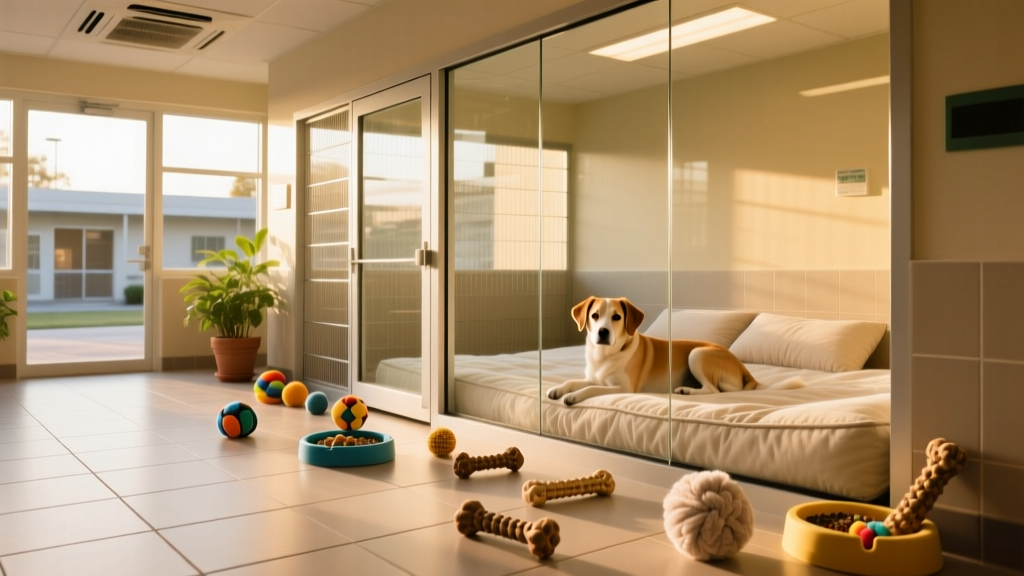 A well-maintained, sunlit shelter kennel with enrichment toys and clean bedding