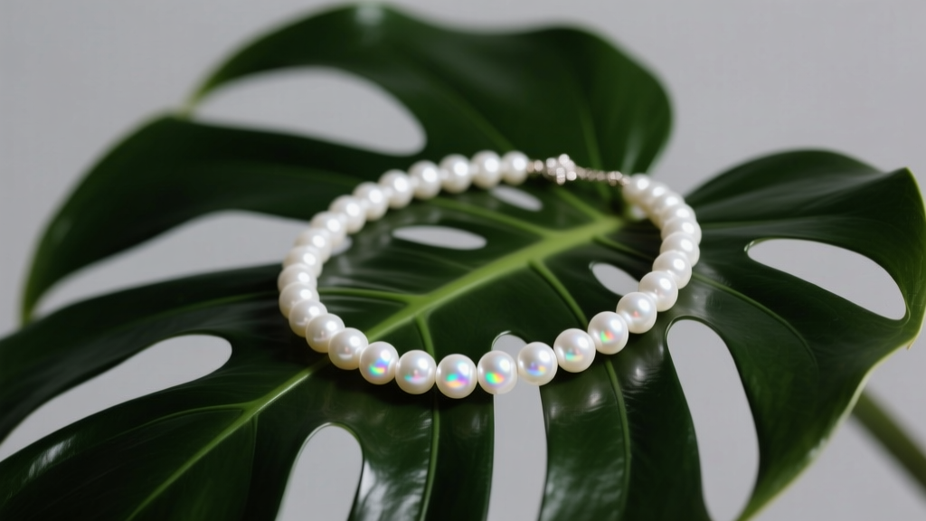 White freshwater pearl lei necklace on dark green monstera leaves, highlighting iridescent nacre under soft studio lighting