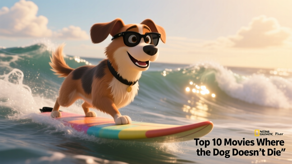 Animated dog wearing sunglasses, riding a surfboard on ocean waves