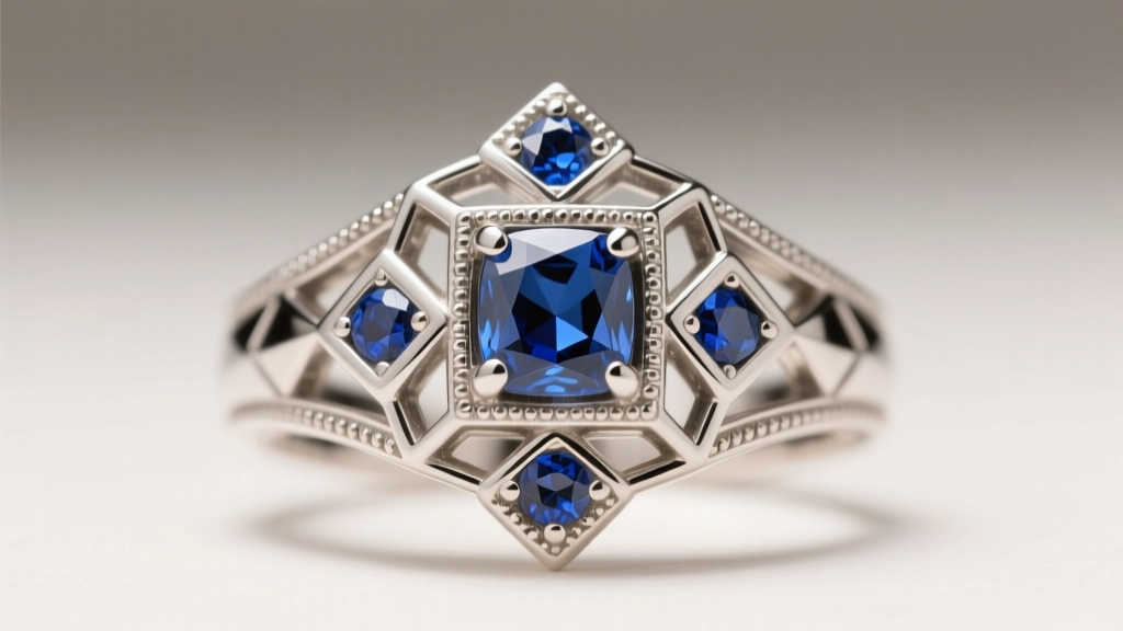 Macro shot of 1920s platinum Art Deco ring with calibre-cut sapphires, geometric diamond patterns, and milgrain edges in studio light.