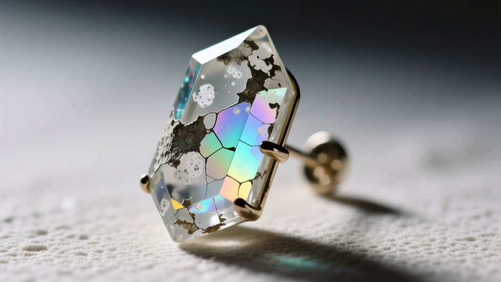 Close-up of degraded aurora crystal earring showing cloudy spotting and coating delamination caused by harsh chemical exposure