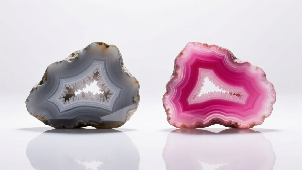 Side-by-side comparison of natural grey botswana agate and vivid pink dyed agate slices under bright gemological lighting