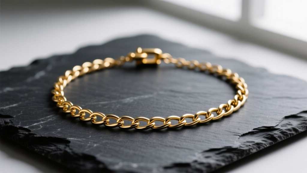 Macro shot of a 14kt gold plated necklace on dark slate, lit by soft light to highlight the delicate chain links and brass clasp.