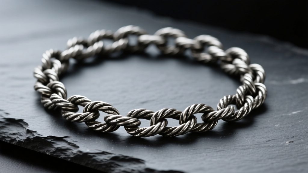 Top-down view of a tarnished .925 sterling silver rope chain on dark slate, highlighting dark gray silver sulfide buildup