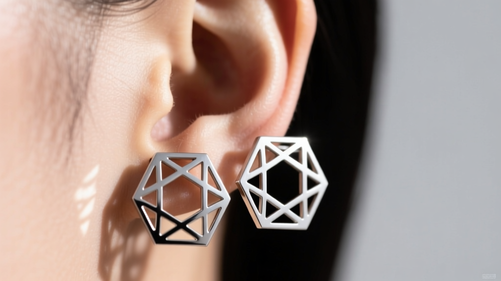Geometric laser-cut titanium flatscreen earrings resting flush against an earlobe, showcasing intricate architectural mesh details.